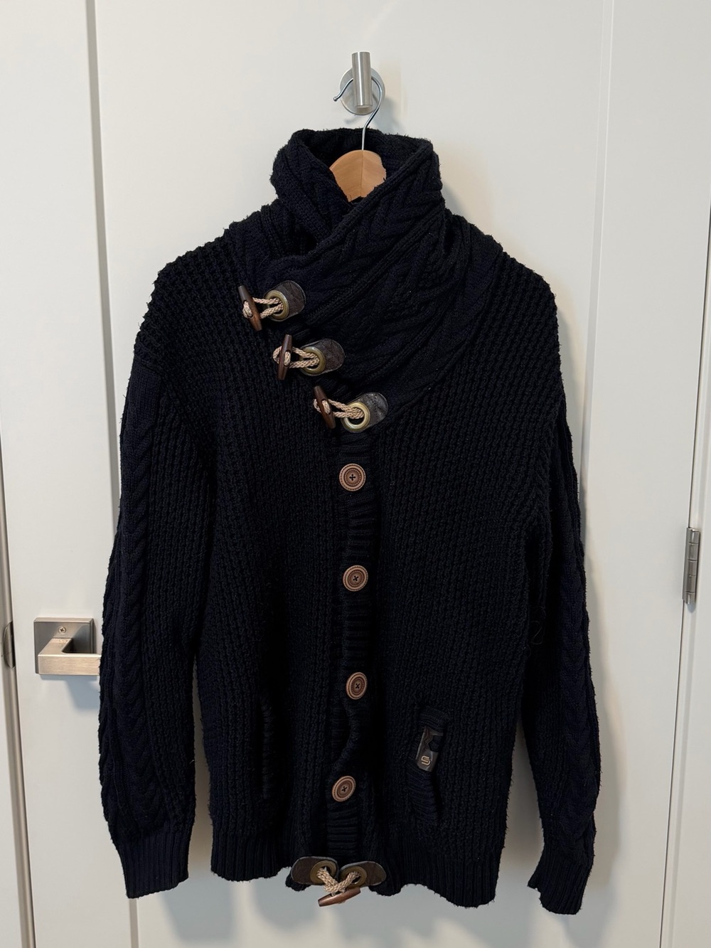 Men's Black Knit Cardigan with Toggle Closure - Picture 1 of 2